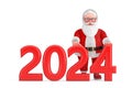 Cartoon Cheerful Santa Claus Granpa with Red 2024 New Year Sign. 3d Rendering