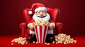 Cartoon cheerful santa claus with popcorn at the cinema