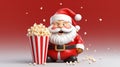 Cartoon cheerful santa claus with popcorn at the cinema