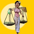 Cartoon cheerful Vietnamese woman walks with fruit baskets