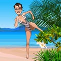 Cartoon cheerful woman dancing furiously on the seashore Royalty Free Stock Photo