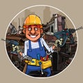 Cartoon cheerful worker with tools on the background of the ruins