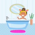 Cartoon with cheerfull smiling girl taking a bath