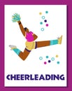 Cartoon cheerleader raised hand up with pompoms and jumping, acrobatic dance, Cheerleading fan motivation vector poster Royalty Free Stock Photo