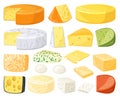 Cartoon cheese. Dairy products types, cheddar, parmesan, brie, camembert, mozzarella and maasdam slices. Fresh cheese