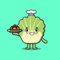 Cartoon chef chinese cabbage serving cake on tray