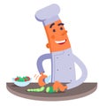 Cartoon chef cuts the vegetables for salad