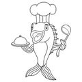 Cartoon chef fish holding a soup ladle with a tray line art Royalty Free Stock Photo