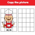 Cartoon chef. Grid copy worksheet. educational children game. Printable drawing activity for toddlers and kids. Professions and