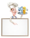 Cartoon Chef Holding Fish and Chips Sign Royalty Free Stock Photo