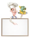 Cartoon Chef Holding Fish and Chips Sign Royalty Free Stock Photo