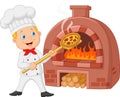 Cartoon Chef Holding Hot Pizza With Traditional Oven