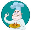 Cartoon chef holding a pizza