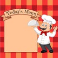 Cartoon chef holding a silver platter or cloche pointing at a banner or menu