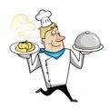 Cartoon chef with pasta bowl and serving tray