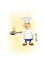 Cartoon chef throws up sliced pieces of vegetables in a pan on  yellow background, vertical vector illustration Royalty Free Stock Photo