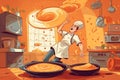 A cartoon chef tossing a pan of food into a frying pan. Generative AI image.