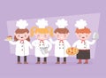 Cartoon chefs cooking and holding tray food dessert and saucepan Royalty Free Stock Photo