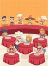 cartoon chefs cooking and holding tray with food.