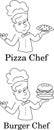 Cartoon chefs of cooking, pizza and burger