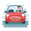 Cartoon chereful young man driving red car on the road. Front view Royalty Free Stock Photo
