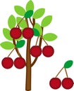 Cartoon cherry tree with ripe cherries and green leaves