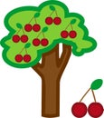 Cartoon cherry tree with ripe cherries and green leaves