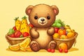 cartoon chibi cute bear with fresh vegetables and fruits