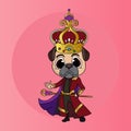 Cartoon chibi dog king character with scepter, cloak and crown