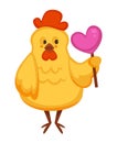 Cartoon chicken chick vector funny character with heart lollipop candy