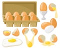 Cartoon chicken eggs. Fresh, boiled, fried eggs, broken eggs, half egg with yolk, eggs in cardboard box. Organic farm Royalty Free Stock Photo