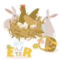 A cartoon chicken in the nest incubates eggs, and rabbits feed the painted eggs into the nest. A basket with eggs, a