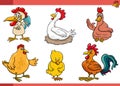 cartoon chickens birds farm animals comic characters set Royalty Free Stock Photo