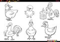 cartoon chickens farm animal characters set coloring page Royalty Free Stock Photo