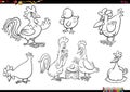 cartoon chickens farm animal characters set coloring page Royalty Free Stock Photo