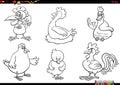 cartoon chickens farm animal characters set coloring page Royalty Free Stock Photo