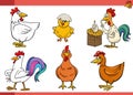 cartoon chickens farm birds comic characters set Royalty Free Stock Photo