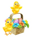 Cartoon Chicks and Easter Eggs Basket