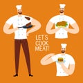 Cartoon chief cooking meat set Royalty Free Stock Photo