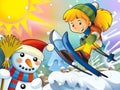 The cartoon child downhill jump - with christmas characters Royalty Free Stock Photo