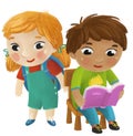 cartoon child kid boy and girl pupils going to school learning childhood illustration for kids