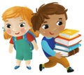 cartoon child kid boy and girl pupils going to school learning childhood illustration for kids