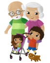 cartoon child kid boy taking care oh his little sister childhood with grandparents grandma grandpa illustration for kids with dog Royalty Free Stock Photo