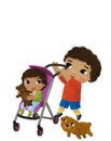 cartoon child kid boy taking care oh his little sister childhood illustration for kids with dog Royalty Free Stock Photo