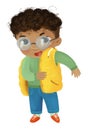 cartoon child kid boy taking off or putting on autumn clothes by him self childhood illustration for kids Royalty Free Stock Photo