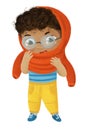 cartoon child kid boy taking off or putting on autumn clothes by him self childhood illustration for kids Royalty Free Stock Photo