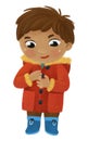 cartoon child kid boy taking off or putting on winter clothes by him self childhood illustration for kids Royalty Free Stock Photo