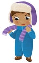 cartoon child kid boy taking off or putting on winter clothes by him self childhood illustration for kids Royalty Free Stock Photo