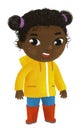 cartoon child kid girl taking off or putting on winter autumn rainy clothes by him self childhood illustration for children Royalty Free Stock Photo