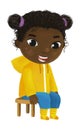 cartoon child kid girl taking off or putting on winter autumn rainy clothes by him self childhood illustration for children Royalty Free Stock Photo